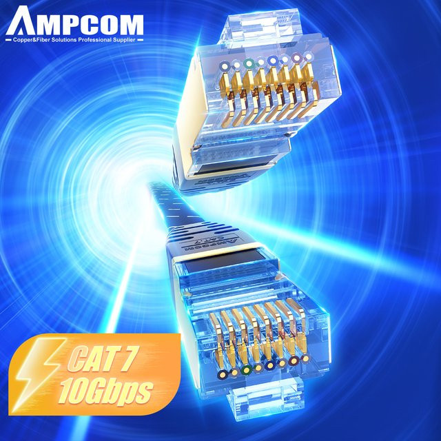 AMPCOM Cat7 LAN Kabel Flach Slim Geflochten RJ45 Ethernet Patch Cord STP in Blau mit Goldkontakten - Bild 1