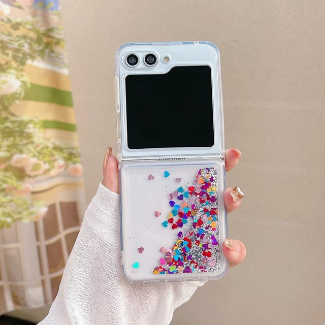 Stoßfeste TPU Handyhülle mit glitzerndem Treibsand-Liebesherz für Samsung Galaxy Z Flip 6, Z Flip 5, Z Flip 4 und Z Flip 3 in verschiedenen Farben - Bild 1