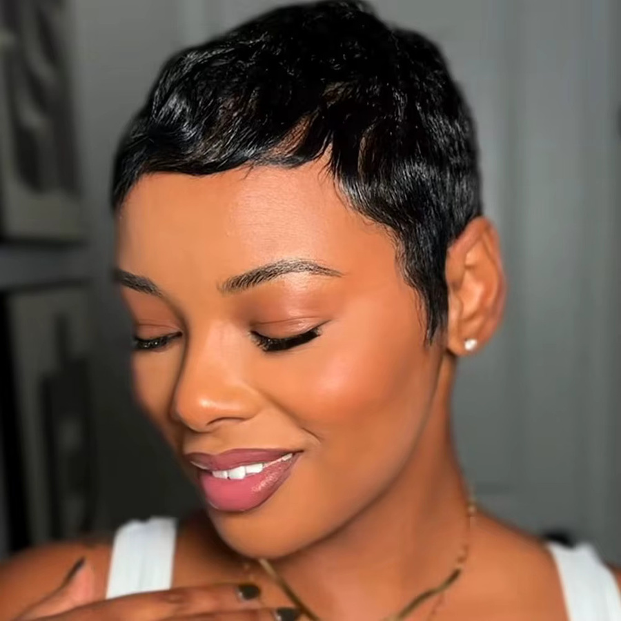 OYM HAIR Pixie Cut Perücke, Echthaar, lockig, schwarz, Damen - Bild 2