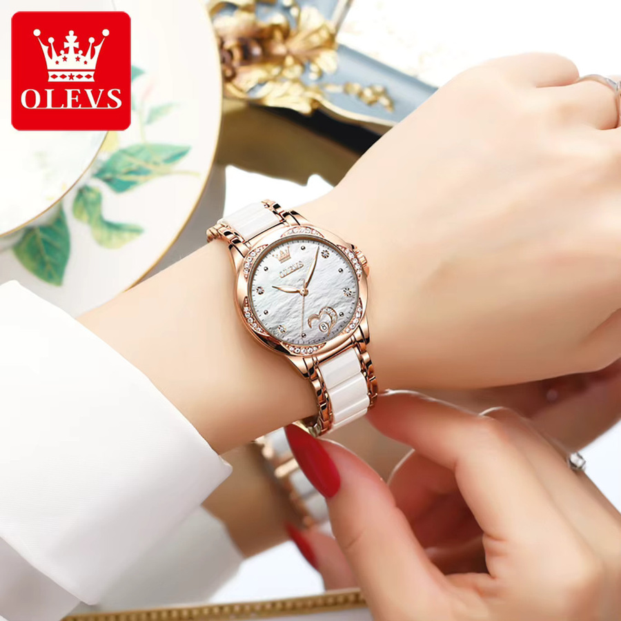 OLEVS Armbanduhr Automatik, Keramik, Roségold, Diamant, Damen - Bild 4