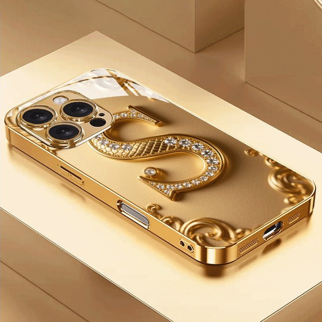 Handyhülle aus Glas mit goldenem Buchstaben S Muster in Gold Metallic für iPhone 11 bis iPhone 17 Pro Max und Air Modelle - Bild 1