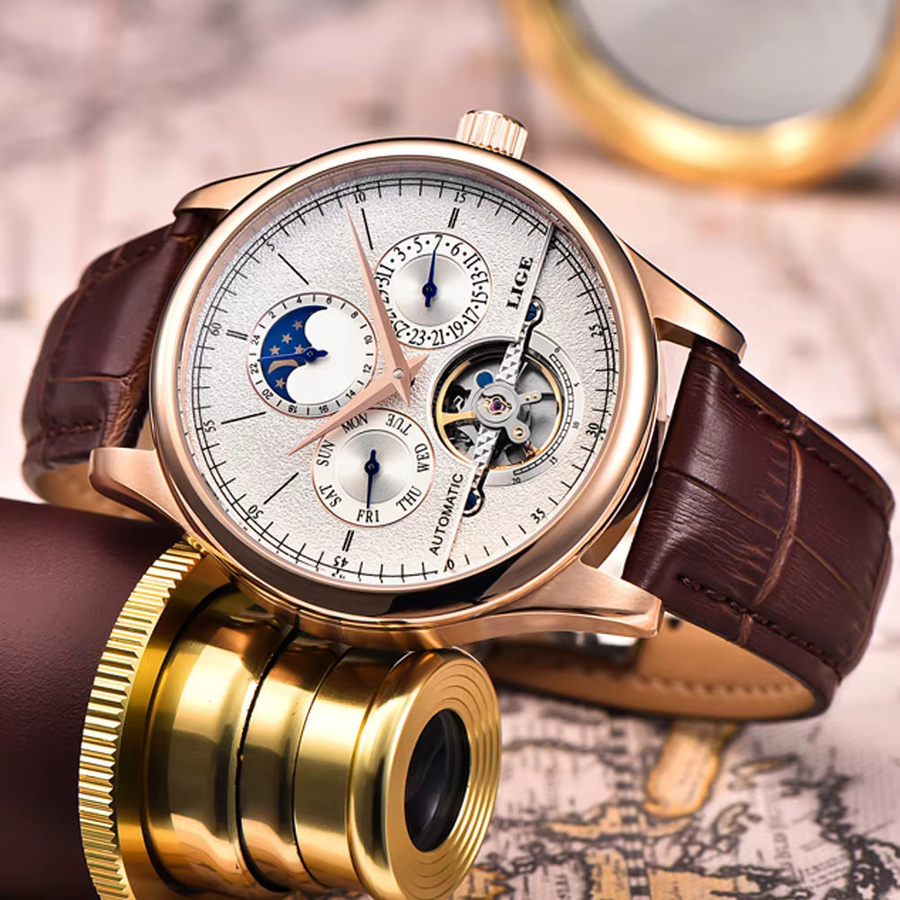 LIGE Armbanduhr Automatik, Leder, Roségold, Herren - Bild 2