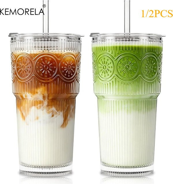 KEMORELA Glas-Kaffeetassen mit Deckel und Strohhalm, geripptes und florales Design, transparent, 590 ml - Bild 1