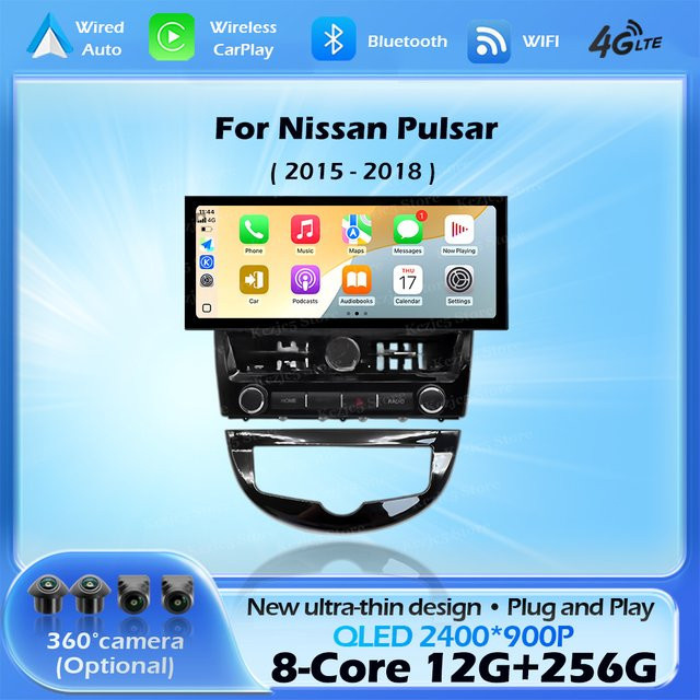 QiumianNavi 12,3 Zoll Autoradio für Nissan Pulsar 2015-2018 mit Android 16, kabelloses CarPlay, QLED Display, DSP Stereo, WiFi, Bluetooth und GPS in Schwarz - Bild 1
