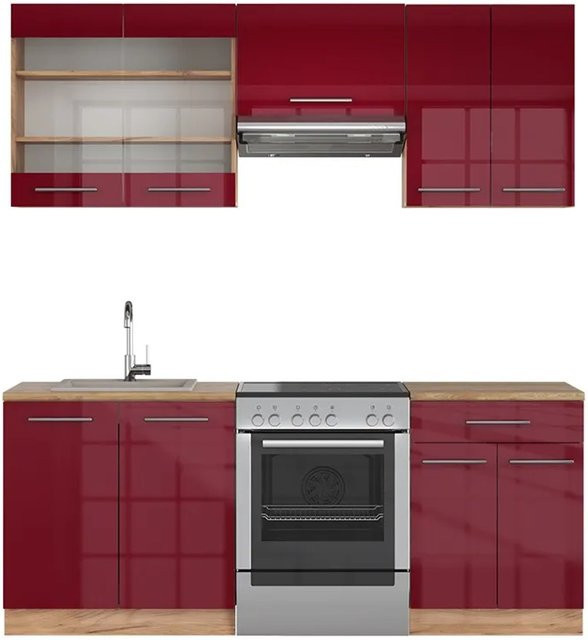 Vicco Fame-Line Küchenzeile Bordeaux Hochglanz und Goldkraft Eiche, Breite: 200 cm, Tiefe: 60 cm, Höhe: 82 cm - Bild 1