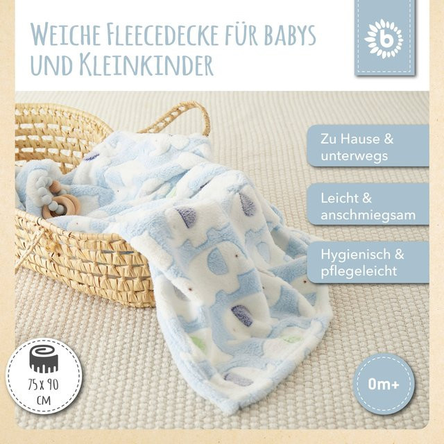 Bieco Babydecke für Jungen mit Elefanten-Motiv in Blau aus flauschigem Fleece - Bild 1