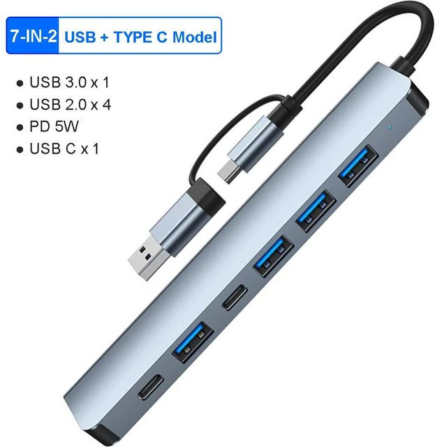 Kebidumei 8-in-2 USB-C-Dockingstation in Silber mit USB 3.0, 2.0, 3,5 mm Audio-Buchse und SD/TF-Kartenleser für Hochgeschwindigkeitsübertragung mit 5 Gbit/s - Bild 1
