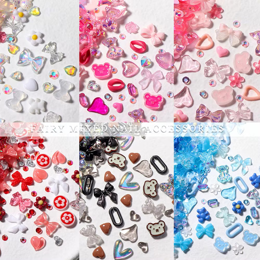 felaxuu Nagel-Charms, 50 Stück, Herz-Schleife, Bärenform, bunt, Glänzend - Bild 2