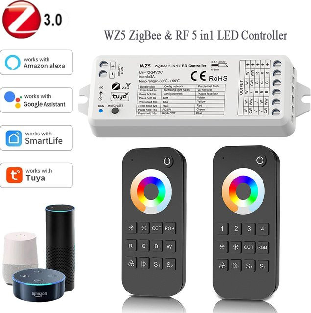 CENFAYA Tuya Zigbee LED Controller Kit mit 5 Kanälen und RF 4 Zonen Fernbedienung für DC 12V 24V CCT RGB CCT LED Streifen - Bild 1