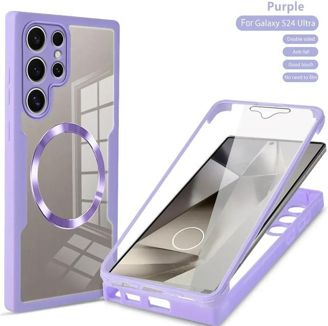 Stoßfeste 360° Schutzhülle für Samsung Galaxy S25 S24 S23 S22 S21 Ultra Plus FE, transparent mit violetten Akzenten, kabelloses Laden kompatibel - Bild 1