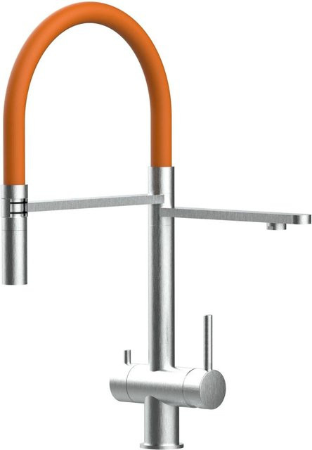 VIZIO 3-Wege Küchenarmatur aus Edelstahl mit 360 Grad schwenkbarem Auslauf und abnehmbarer 2-Strahl Handbrause in Silber und Orange - Bild 1