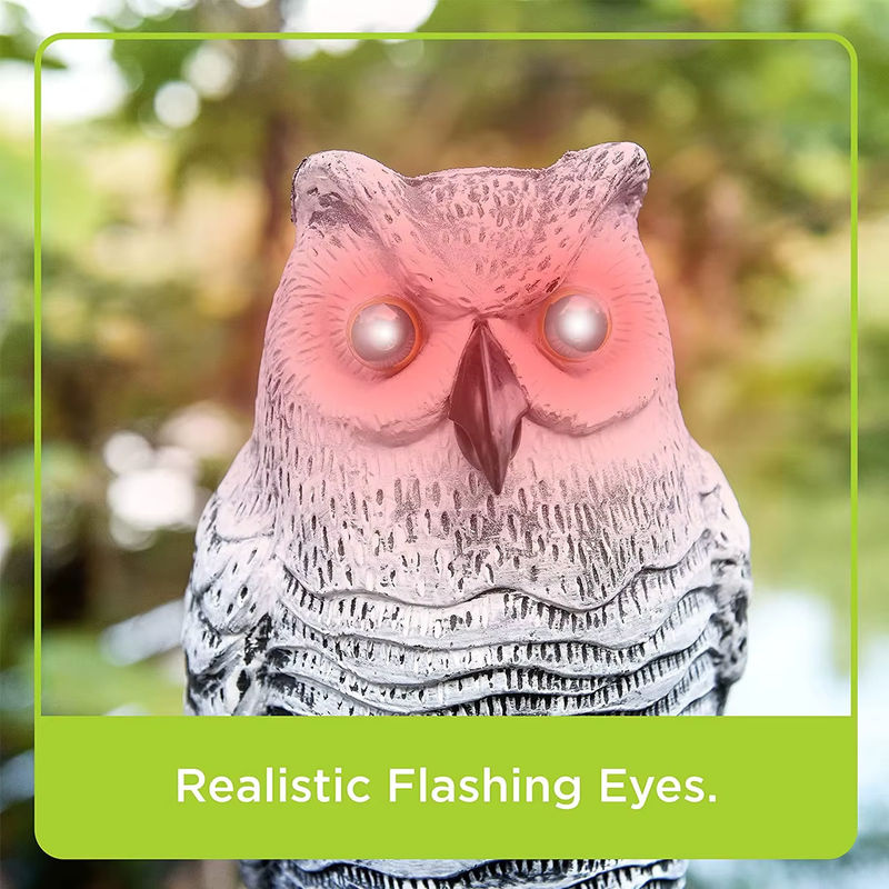 Lebensechte Eulen-Vogelscheuche mit blinkenden Augen und Sound zur Vogelabwehr in Grau - Bild 4