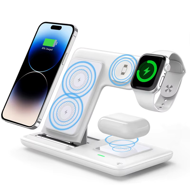 Faltbare 3-in-1 kabellose Ladestation in Weiß für iPhone 12 bis 17 Pro Max, iWatch Ultra und AirPods Pro 4/3 mit 15W Schnellladefunktion - Bild 4