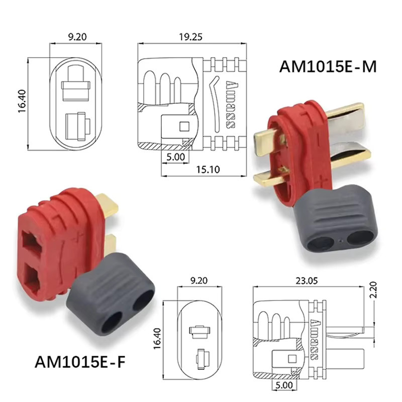 Amass AM-1015E Deans T-Stecker Set mit Abdeckung, 10 Stück, Männlich und Weiblich, Rot, für RC Batterien - Bild 2