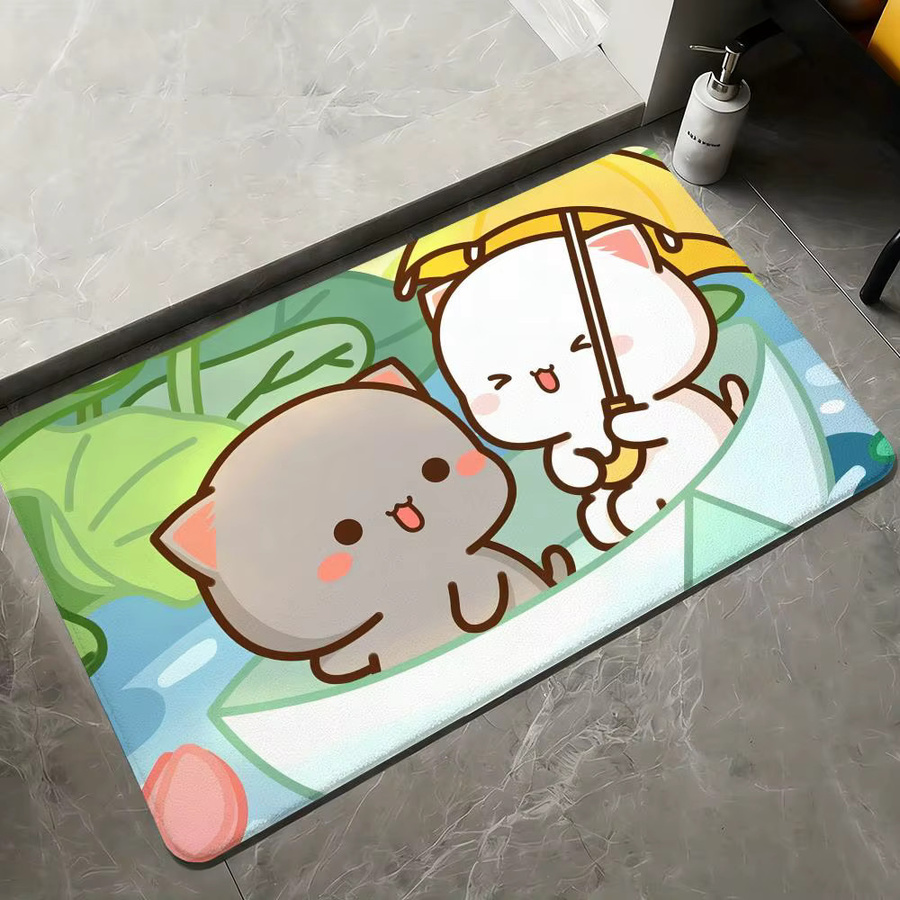 Rutschfeste Flanell-Bodenmatte mit Pfirsich-Mochi-Katze und Goma Motiv, weicher Plüschteppich in Schwarz und Mehrfarbig für dein Wohnzimmer - Bild 3