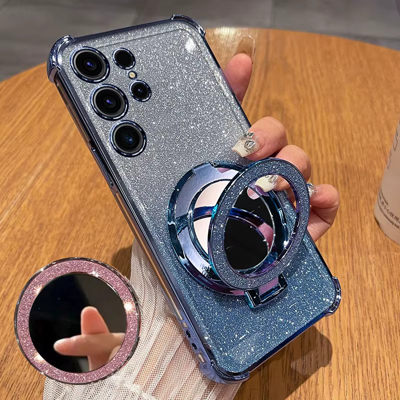 Glitzer-Silikonhülle für Samsung Galaxy S26Ultra, S25 Edge und S25 FE in Silber mit drehbarem Spiegelständer, Linsenschutz und stoßfestem Cover - Bild 1