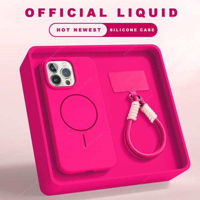 Magnetische Umhängeband-Handyhülle aus Flüssigsilikon für Apple iPhone 11 12 13 14 15 16 Pro Max Plus in Pink mit MagSafe Kompatibilität - Bild 1