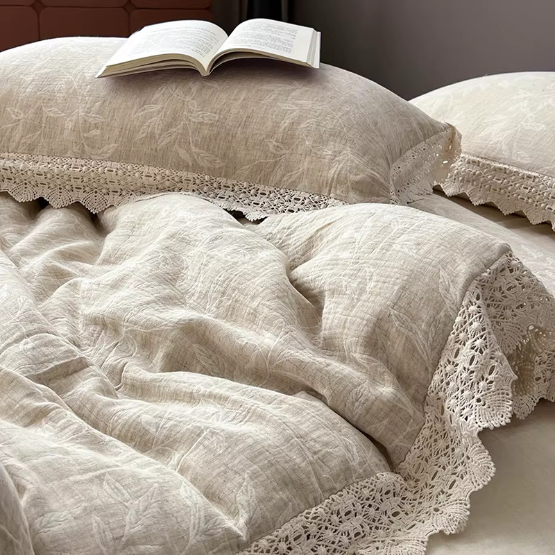 Fat Fairy HOME TEXTILE Bettwäsche Set aus Leinen und Baumwolle in Beige mit Jacquard-Blumenmuster und Vintage-Spitze, 4-teilig - Bild 4