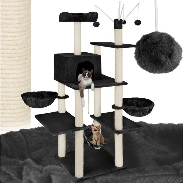 tectake Kratzbaum Lilou Schwarz mit Katzenhaus, Hängematte und Spielzeug, Plüsch, H x B x T: 165 x 61 x 120 cm - Bild 1