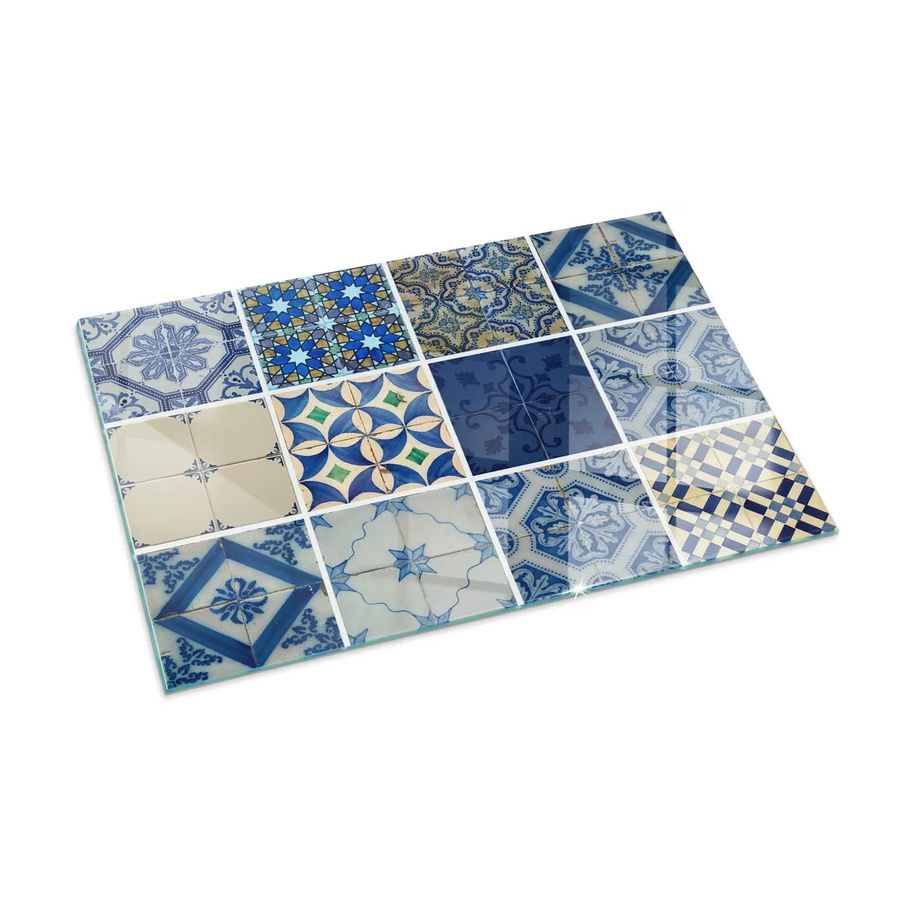 Tulup Glasplatte für Kamin mit Keramikfliesenmuster in Blau, B: 100 cm, T: 70 cm - Bild 2