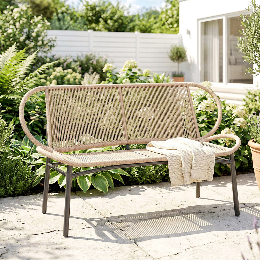 Outsunny Gartenbank 2-Sitzer aus Polyrattan in Natur, wetterbeständige Außenbank mit Metallgestell für Terrasse und Garten, B/T/H: 138 x 62 x 83 cm - Bild 2