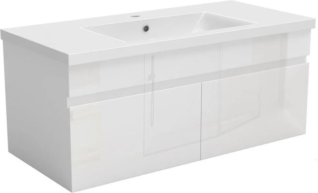 AICA Badmöbel Set BERGEN Waschtisch mit Unterschrank in Weiß Hochglanz, 2-teilig, Wandmontage, Softclose - Bild 1