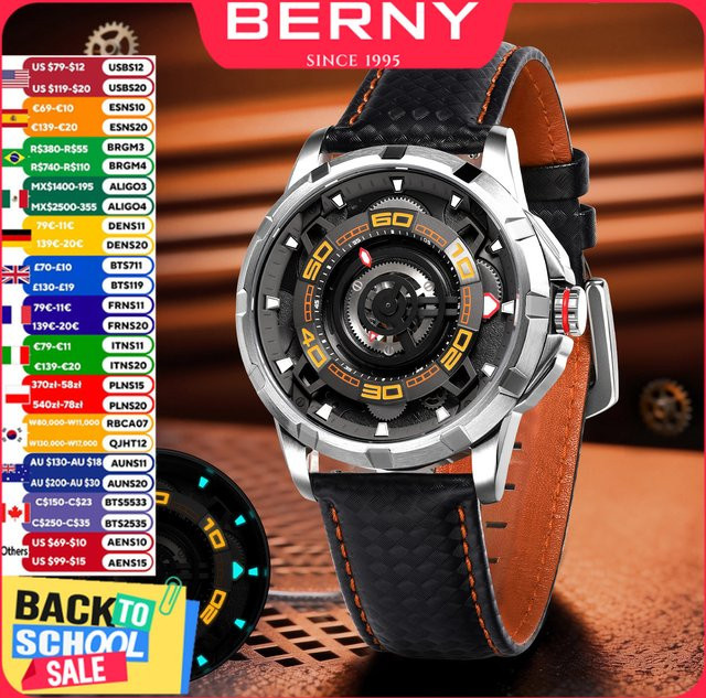 BERNY Armbanduhr Automatik, Edelstahl, Saphirglas, Schwarz, Herren - Bild 1
