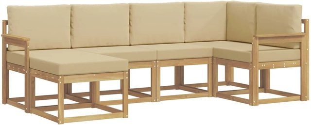 vidaXL Outdoor-Sofagarnitur 6-teilig in L-Form mit Kissen, Weiß und Beige, aus Akazienholz und UV-beständigem Polyester - Bild 1