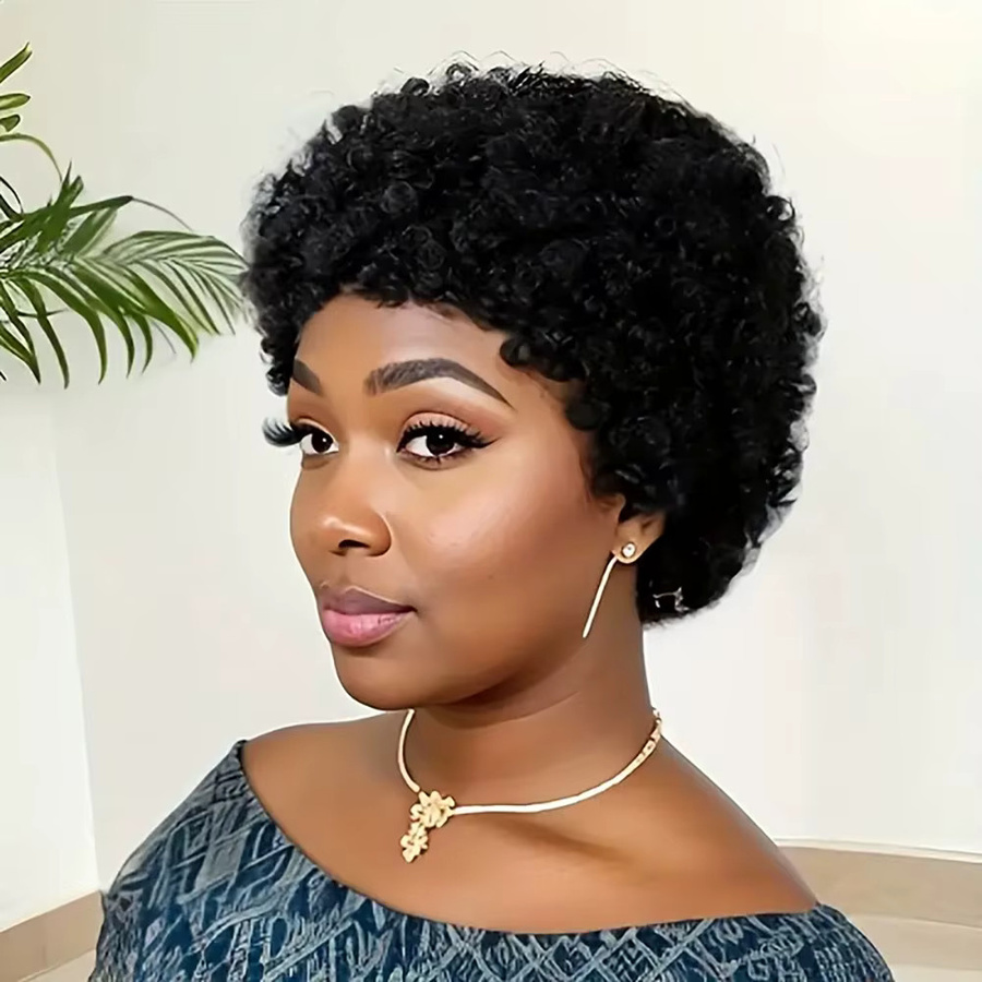 OYM HAIR Pixie-Perücke, schwarz, lockig, Echthaar, Damen - Bild 4