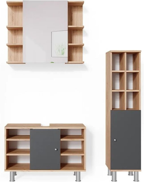 Vicco Badmöbel Set Fynn in Eiche und Anthrazit bestehend aus Spiegelschrank, Waschbeckenunterschrank und Hochschrank - Bild 2
