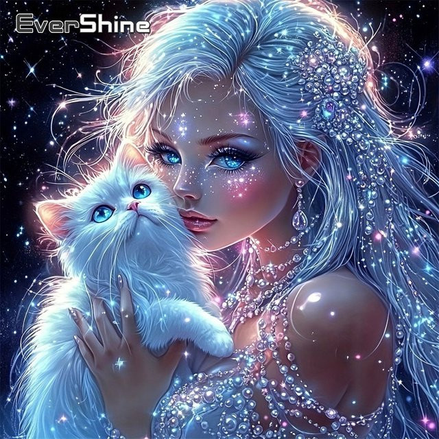 EverShine Diamant-Stickerei DIY Mosaik Bastelset Porträt Mädchen mit Katze in Multicolour, B/H: 20 x 20 cm - Bild 1