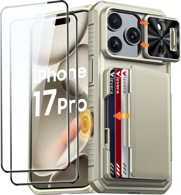 BANGZAO Wallet Case für iPhone 17 Pro mit Kartenhalter, Schiebe-Kameraabdeckung und Standfunktion in Grau und Lila - Bild 1