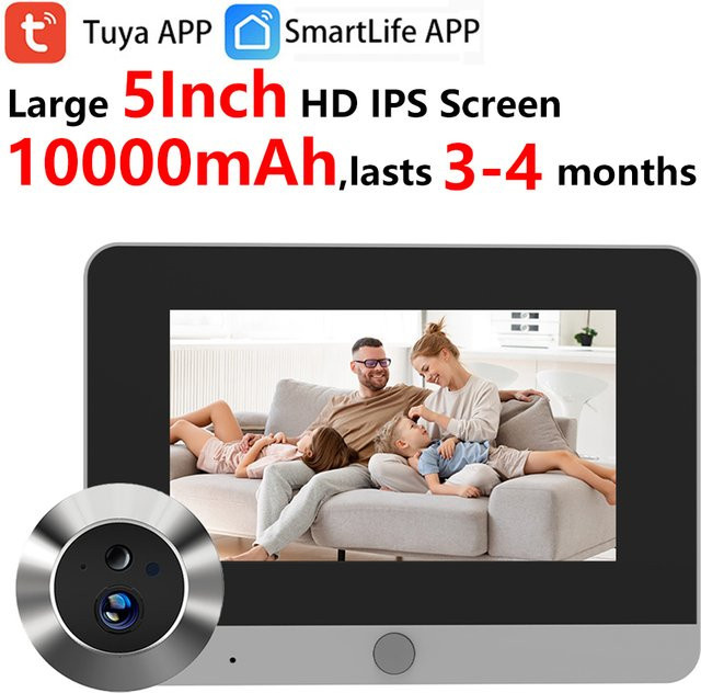 Tuya Smart Digitaler Türspion mit 5-Zoll-Bildschirm, 2MP WiFi Kamera, IR PIR Bewegungsmelder und 10000mAh Akku in Silber - Bild 1
