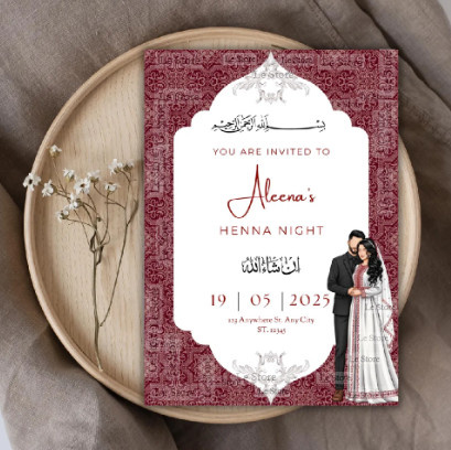 Personalisierte Henna Tag Einladungskarte für muslimische Hochzeiten und Verlobungsfeiern in Rot - Bild 1