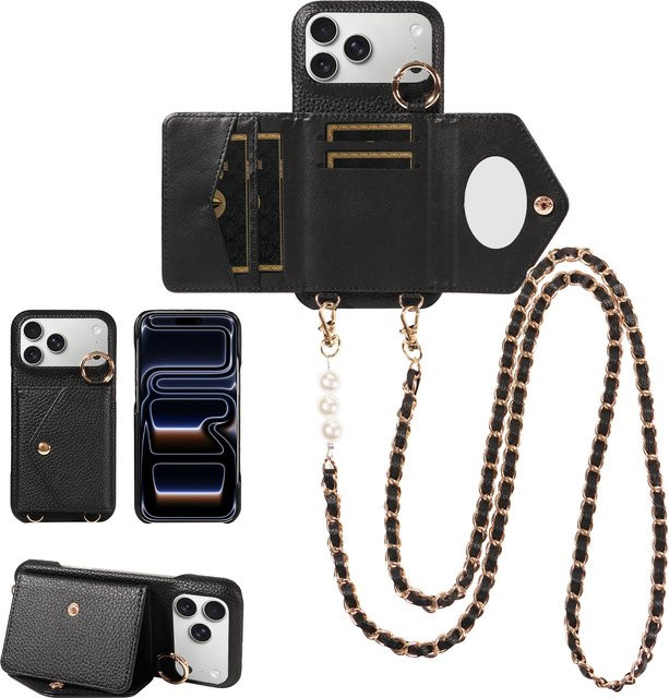 Crossbody Brieftaschenhülle aus PU-Leder mit Spiegel für iPhone 11 bis iPhone 17 Pro Max Plus Mini, stoßfest, Farben: Beige oder Schwarz - Bild 1