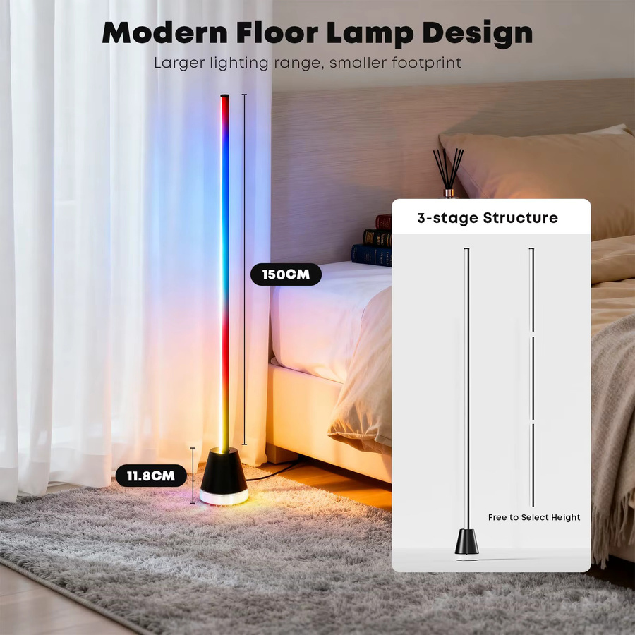 LQWELL RGBIC LED Stehlampe in Schwarz, Smart Ecklampe mit 16 Millionen Farben, dimmbar via App und Fernbedienung, Musikmodus und Timer, Höhe: 150 cm - Bild 5