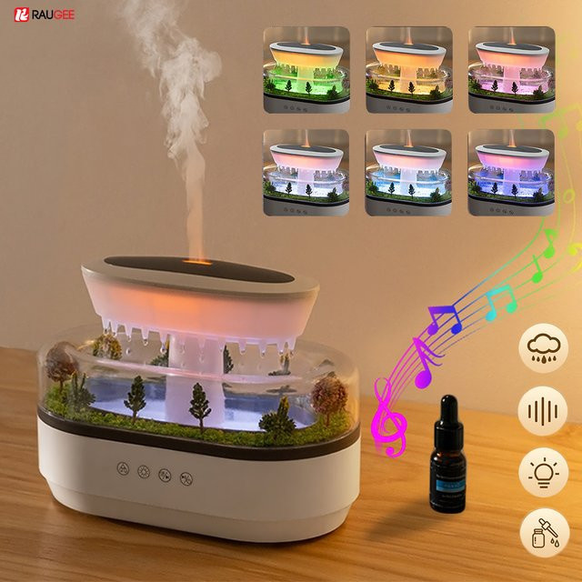 Raugee Luftbefeuchter und Aromatherapie Diffusor mit Musikfunktion, Regentropfen-Design und buntem Licht, Weiß - Bild 1