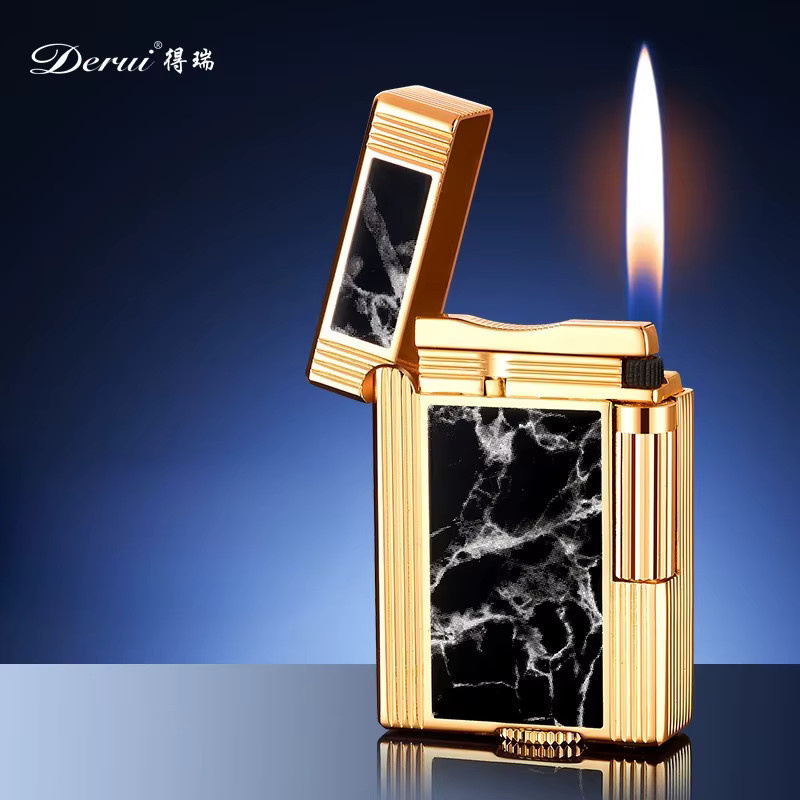 DERUI Boutique Gasfeuerzeug mit Side Slip Open Flame in Gold aus Metall und Leder inklusive Geschenkbox - Bild 2