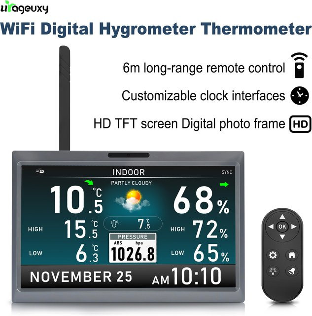 Urageuxy WLAN-Wetterstation mit 10,1 Zoll TFT-Display, digitales Thermometer, Hygrometer und Barometer in Grau - Bild 1