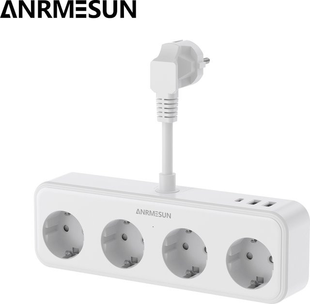 ANRMESUN EU-Steckdosenleiste in Weiß mit 4 AC-Steckdosen, 2 USB-A und 1 USB-C Anschluss sowie Überspannungsschutz und Schnellladefunktion - Bild 1