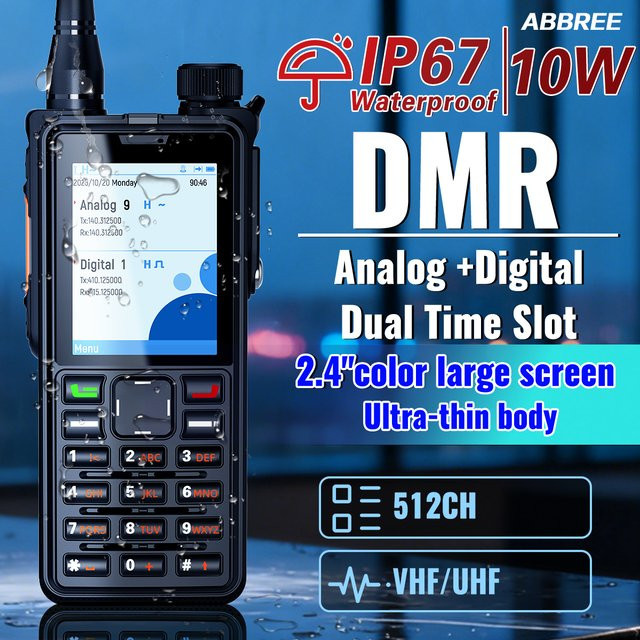 ABBREE AR-880 DMR Walkie Talkie in Schwarz, IP67 Wasserdicht, UHF/VHF Dual Mode, Analog, 512 Kanäle, SMS und VOX Funktion - Bild 1