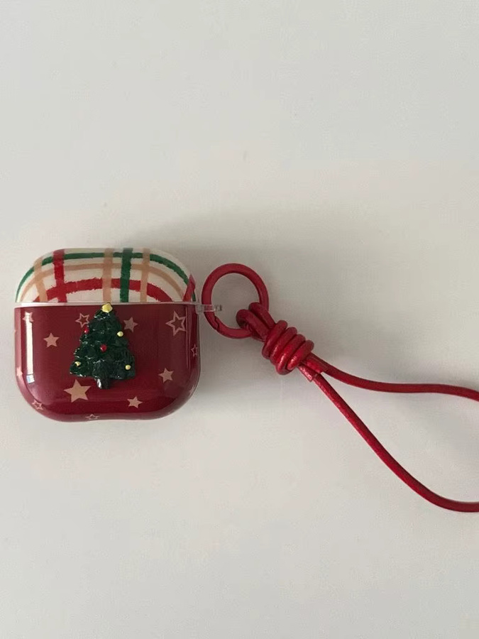 Apple AirPods Schutzhülle mit Weihnachtsbaum-Gittermuster und Sternen in Rot/Mehrfarbig inklusive Lanyard für AirPods 1, 2, 3, 4 und Pro 2 - Bild 7