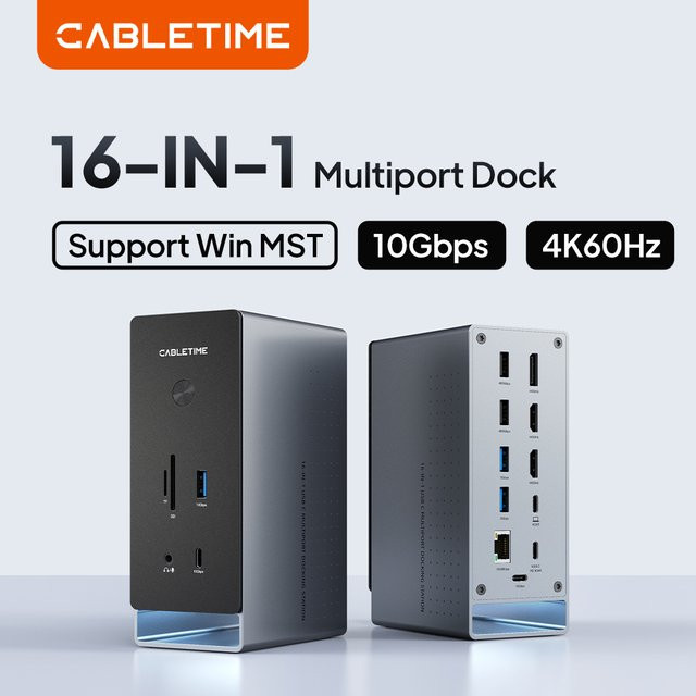 CABLETIME 16-in-1 USB-C Dockingstation in Grau mit 4K 60Hz HDMI, USB 3.2, PD100W und Kartenleser für MacBook Pro und C Hub - Bild 1