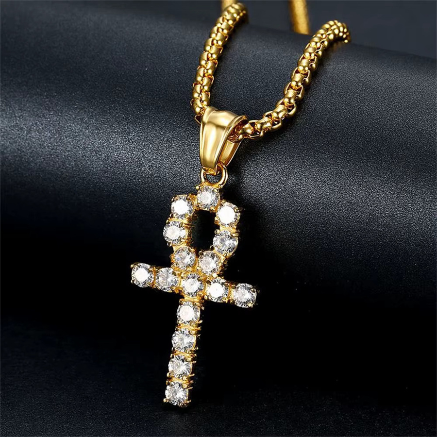 MAGIC ZONE Halskette, Ankh Kreuz Anhänger, Edelstahl, Gold, Zirkonia, Damen - Bild 2