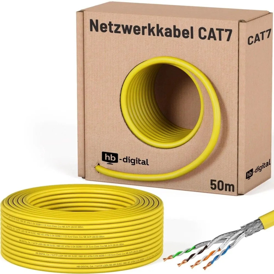 hb-digital CAT 7 Netzwerkkabel S/FTP AWG23 LSZH Gelb, 50 m - Bild 1