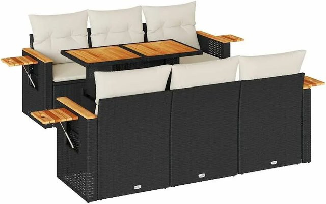 vidaXL 7-teilige Garten-Sofagarnitur in U-Form aus PE-Rattan und Akazienholz mit Kissen in Schwarz-Creme - Bild 1