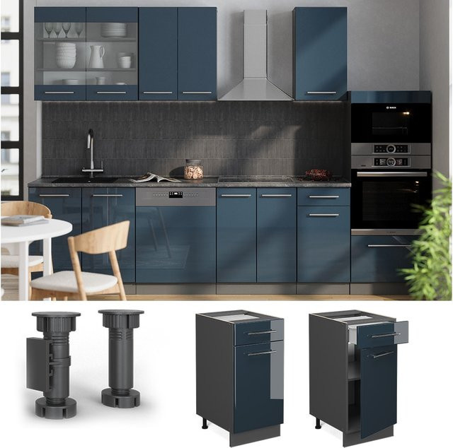 Vicco Schubunterschrank Fame-Line in Anthrazit und Dunkelblau Hochglanz mit weißer Marmor-Arbeitsplatte, Breite: 40 cm - Bild 1