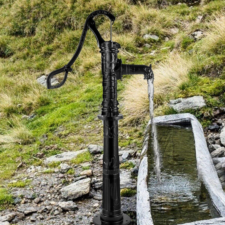 Manuelle Wasserpumpe aus Gusseisen mit Ständer in Schwarz von SYBC, Rustikaler Brunnen mit 1/2 Zoll Anschlüssen, H x B x T: 134,87 x 39,63 x 23,88 cm - Bild 6