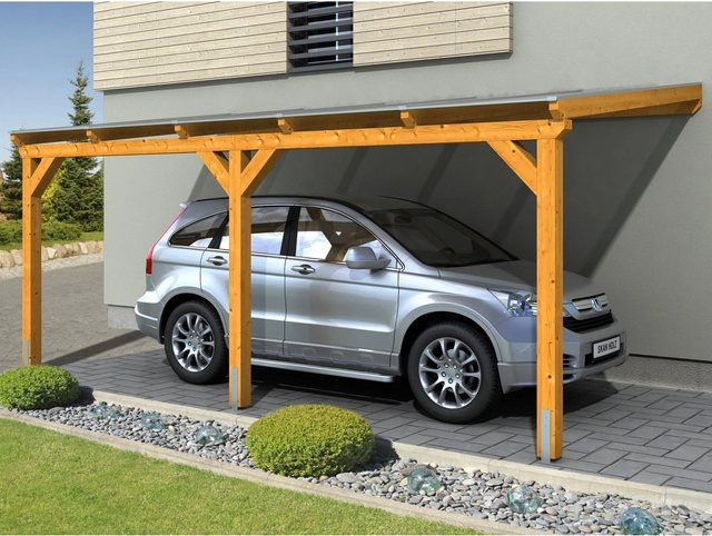 Skan Holz Carport Vogtland in Eiche hell, B/T: 300 x 541 cm, Firsthöhe: 262 cm, farbbehandelt braun - Bild 1