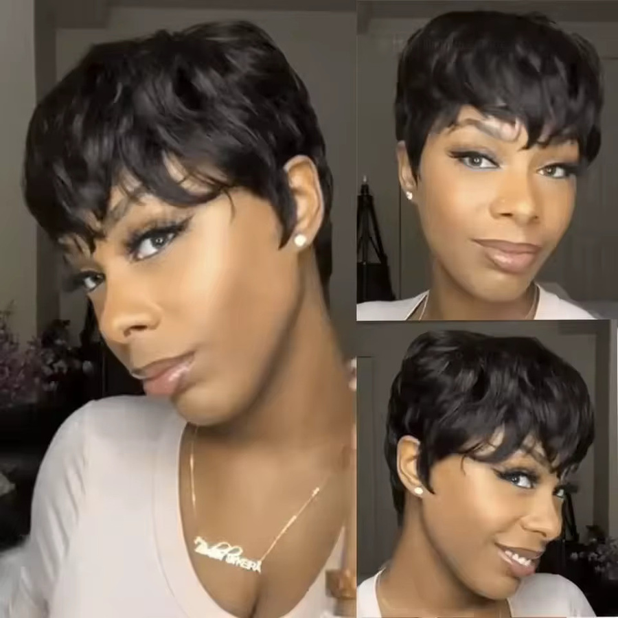 OYM HAIR Pixie-Schnitt-Perücke, schwarz, Echthaar mit Pony, Damen - Bild 3